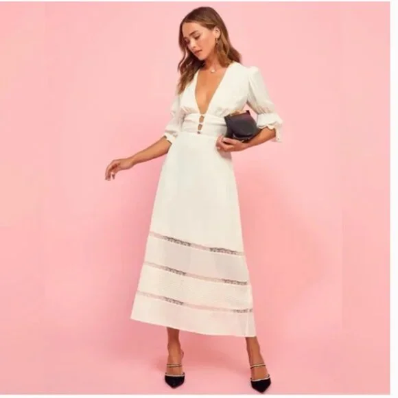 Reformation Ginny Lace-Trimmed Pintucked Georgette Midi Dress Size 6 Ivory White - Picture 1 of 15